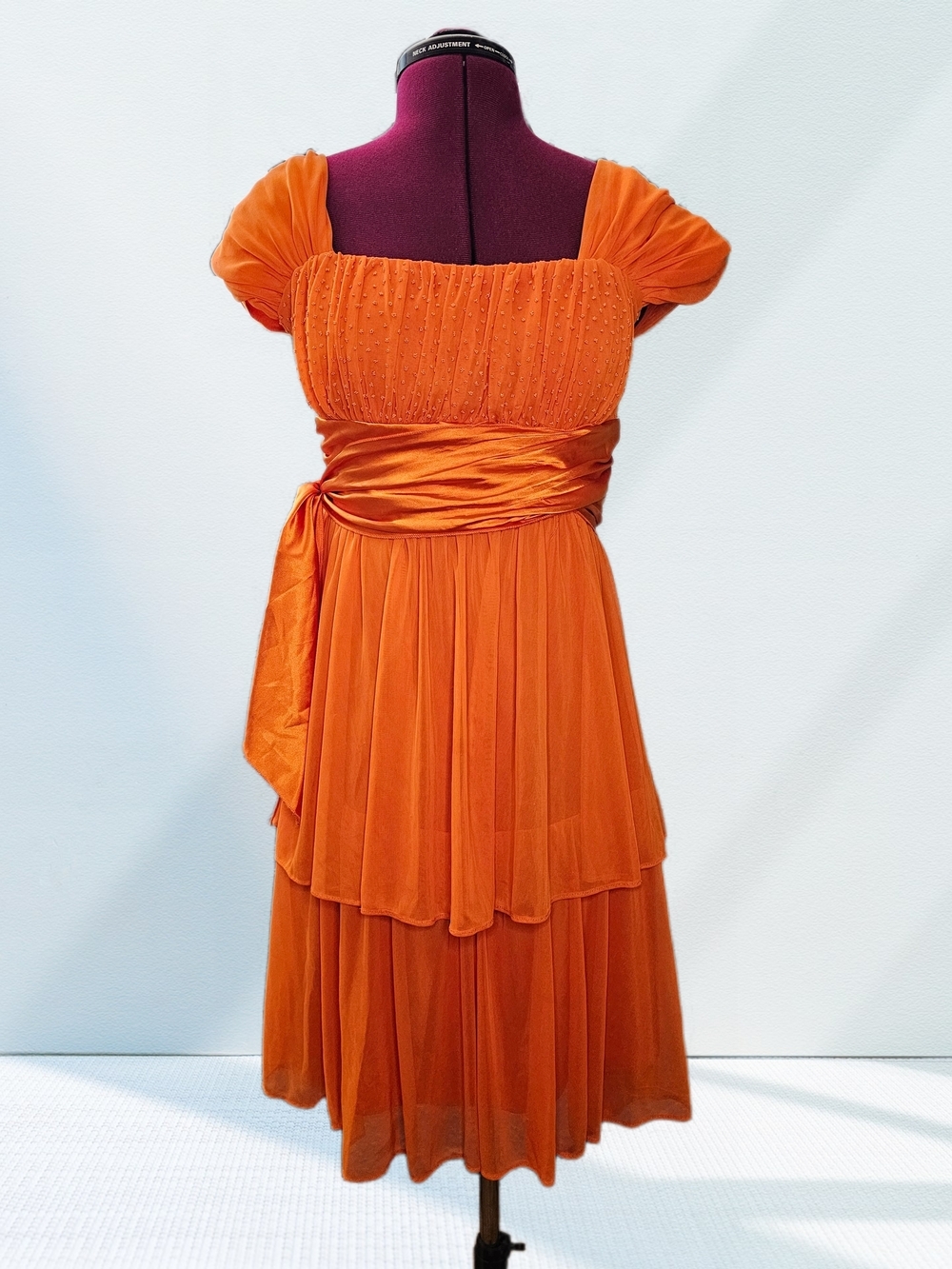 Fanny Fashion 90s Y2K Orange Tiered Beaded Sequin Midi Dress Satin Waist Sash